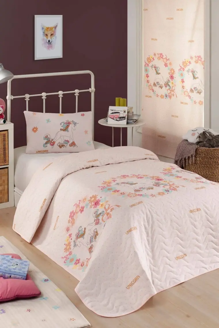 Enlora Home Kapitone Yatak Örtüsü Seti Tek Kişilik Unicornlar Pembe