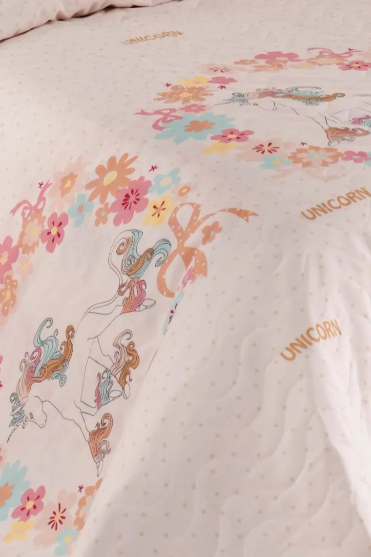 Enlora Home Kapitone Yatak Örtüsü Seti Tek Kişilik Unicornlar Pembe