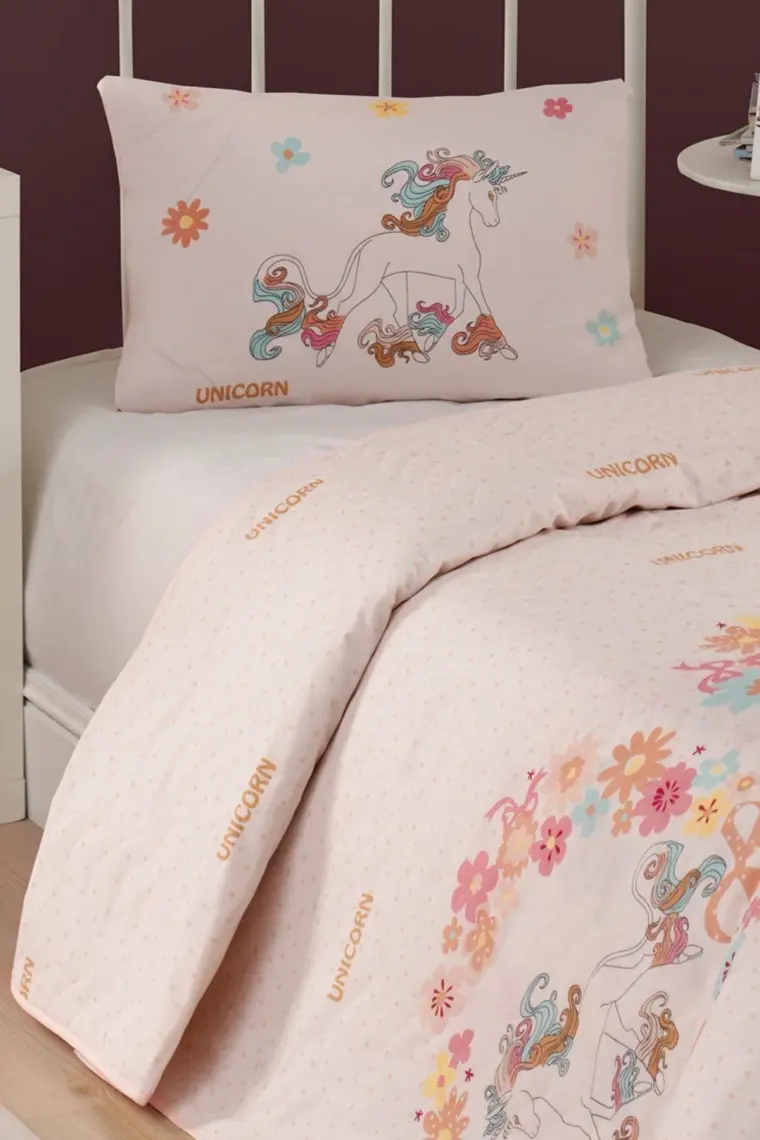 Enlora Home Kapitone Yatak Örtüsü Seti Tek Kişilik Unicornlar Pembe