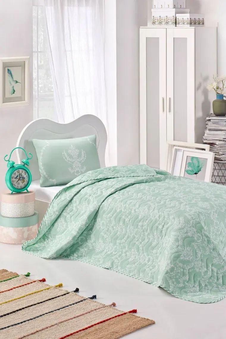 Enlora Home Kapitone Yatak Örtüsü Seti Tek Kişilik Pure SuYeşili
