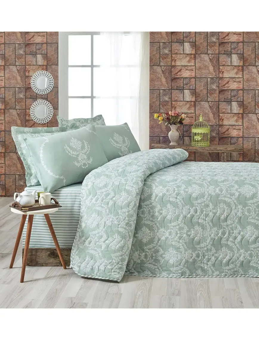 Enlora Home Kapitone Yatak Örtüsü Seti Tek Kişilik Pure SuYeşili