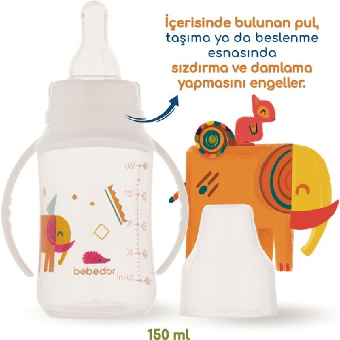 Bebedor Silikon Emzikli  PP Desenli Kulplu Biberon 150 Ml - 6/18 Ay
