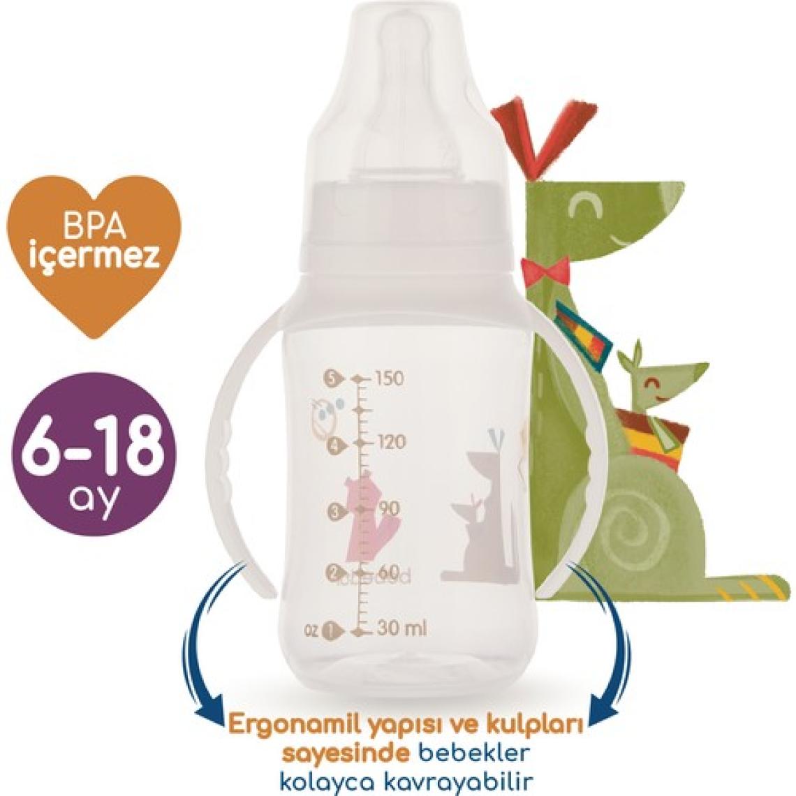 Bebedor Silikon Emzikli  PP Desenli Kulplu Biberon 150 Ml - 6/18 Ay