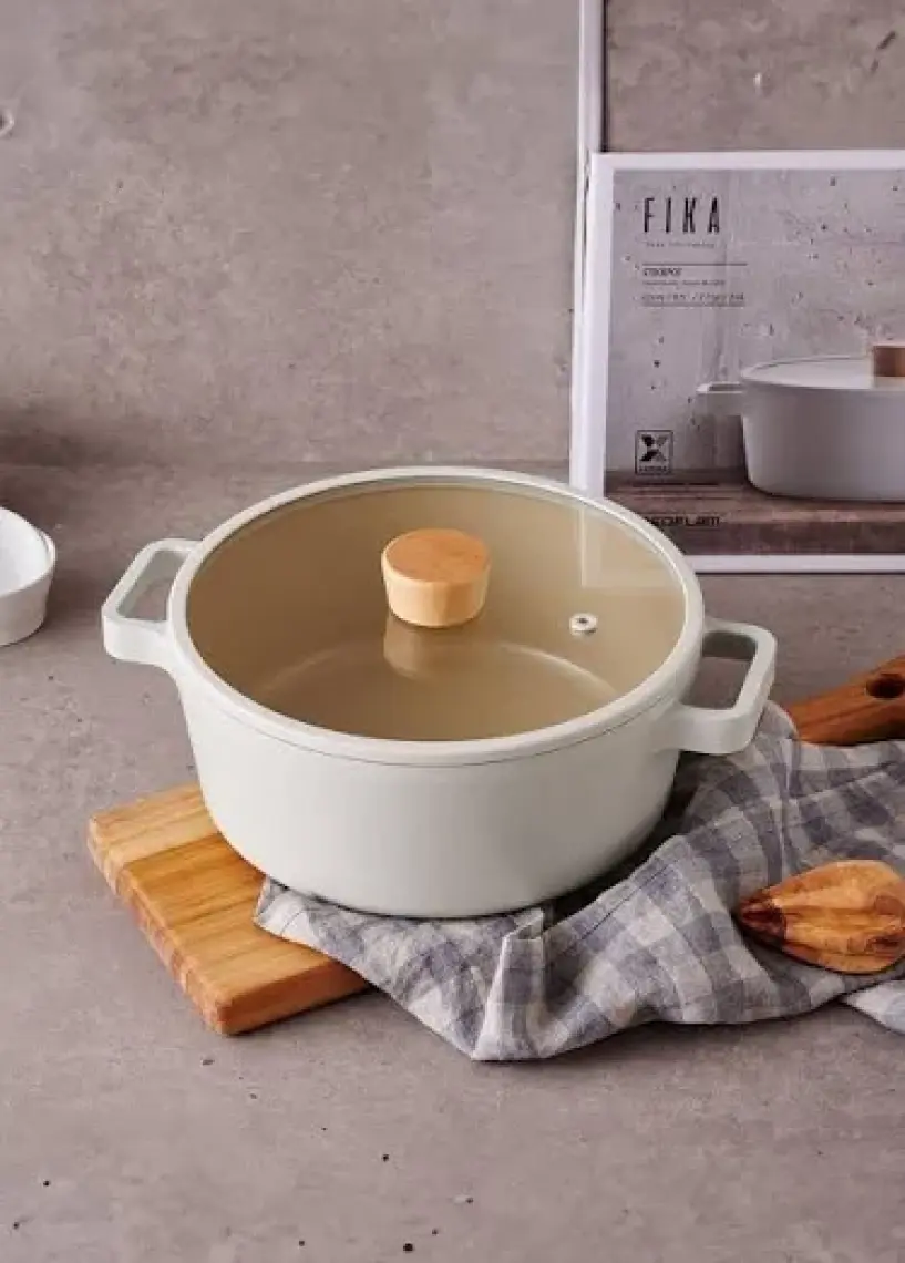 Neoflam Fika Alüminyum Bej Cam Kapaklı Döküm Tencere 18 cm
