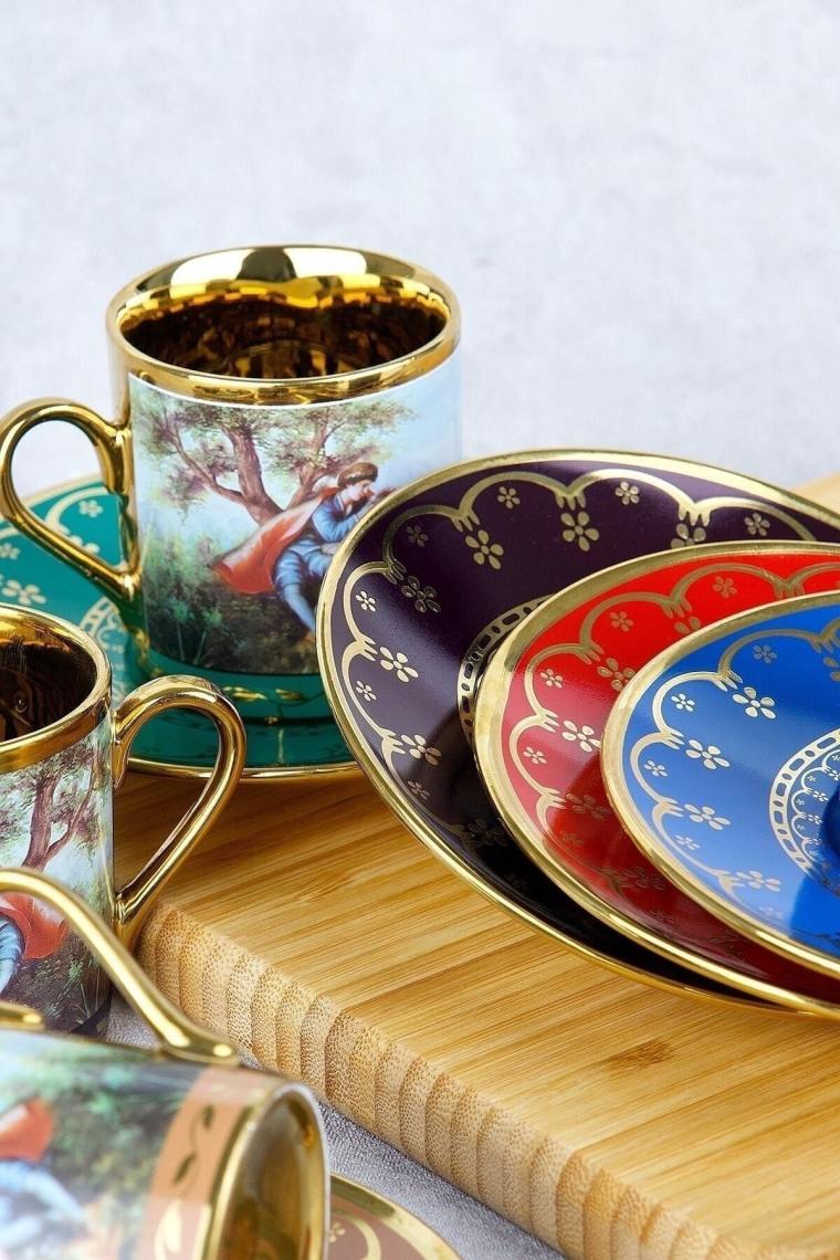 Barok Figürlü Renkli Gold 6 Kişilik Porselen Kahve Fincan Takımı 0108