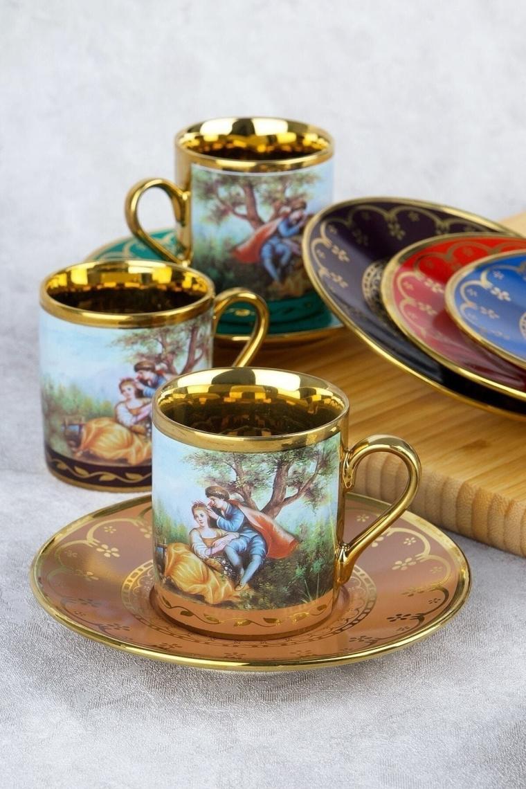 Barok Figürlü Renkli Gold 6 Kişilik Porselen Kahve Fincan Takımı 0108