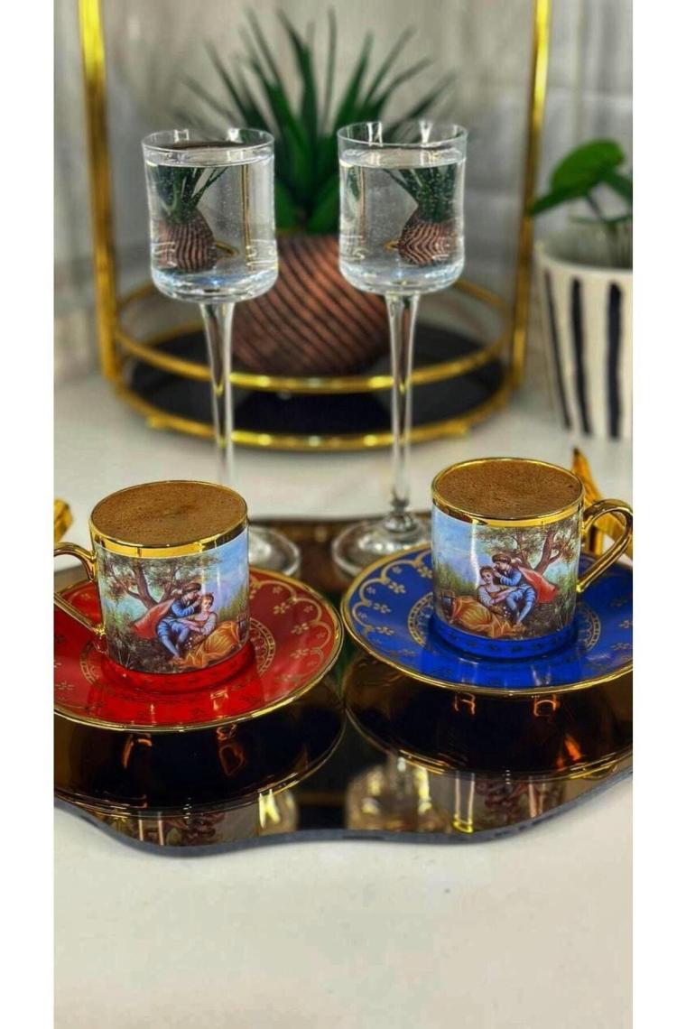 Barok Figürlü Renkli Gold 6 Kişilik Porselen Kahve Fincan Takımı 0108