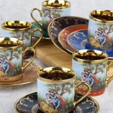 Barok Figürlü Renkli Gold 6 Kişilik Porselen Kahve Fincan Takımı 0108
