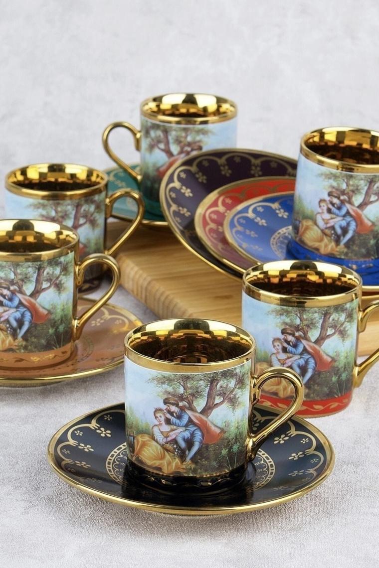 Barok Figürlü Renkli Gold 6 Kişilik Porselen Kahve Fincan Takımı 0108