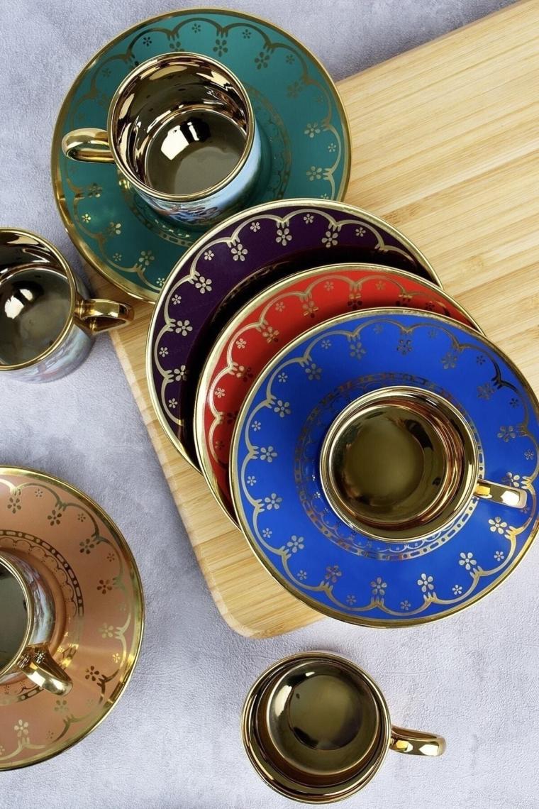 Barok Figürlü Renkli Gold 6 Kişilik Porselen Kahve Fincan Takımı 0108