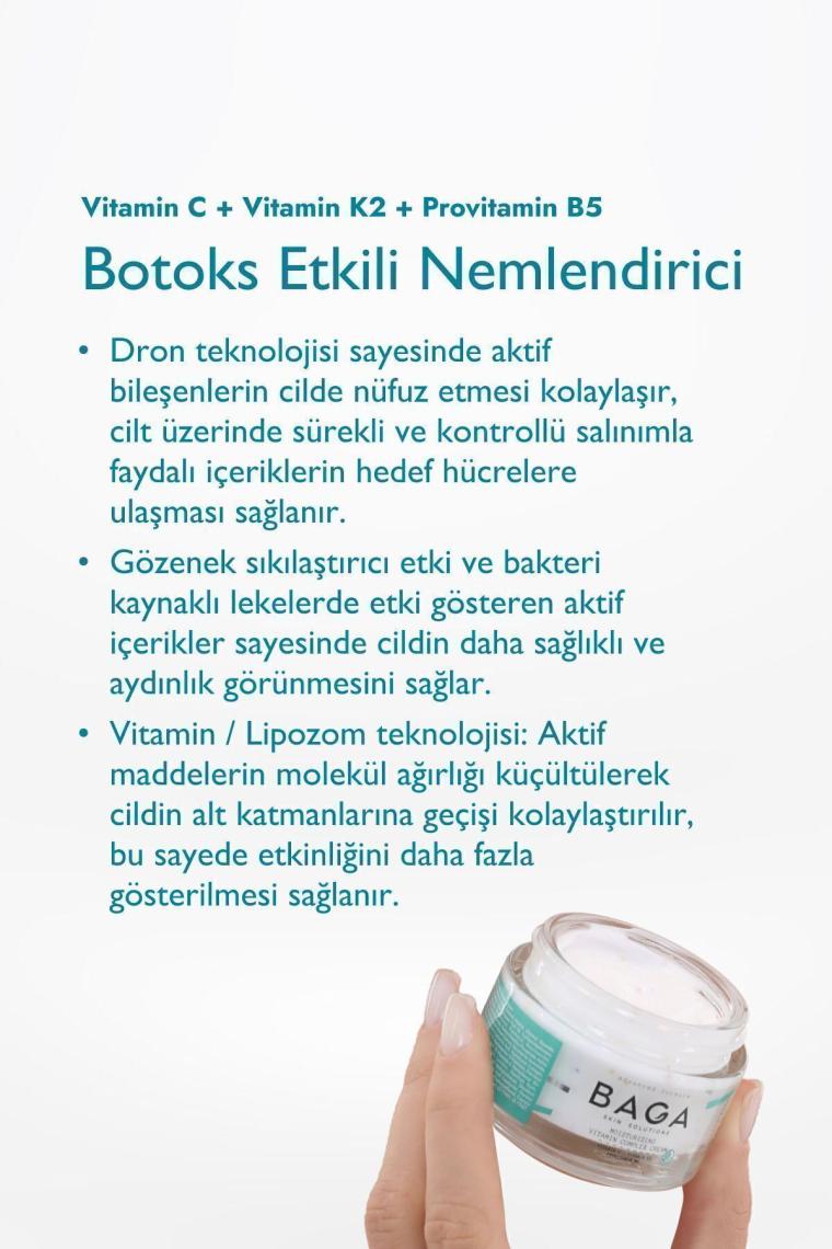 Baga Botoks Etkisi Yaratan C Vitamini ve Peptid İçeren Nemlendirici Krem - 50 ml, Hassas Ciltler için Gözenek Sıkılaştırıcı