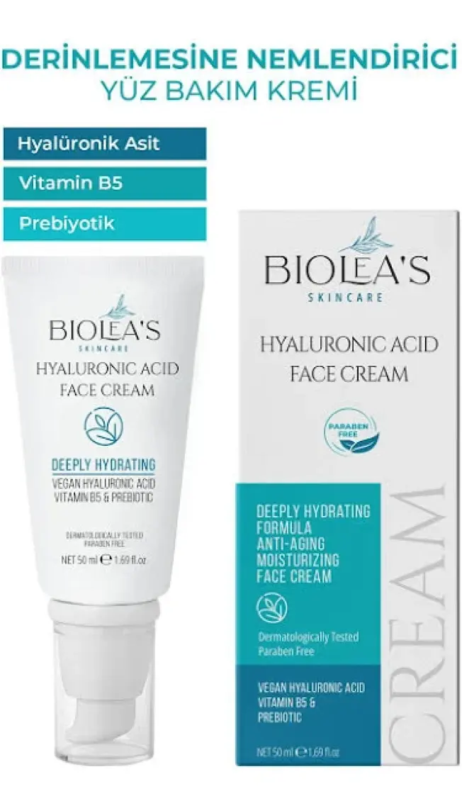 Biolea's Derinlemesine Nemlendirici Yüz Bakım Kremi Vegan Hyalurünik Asit+Vitamin B5+Prebiyotik 50 ml