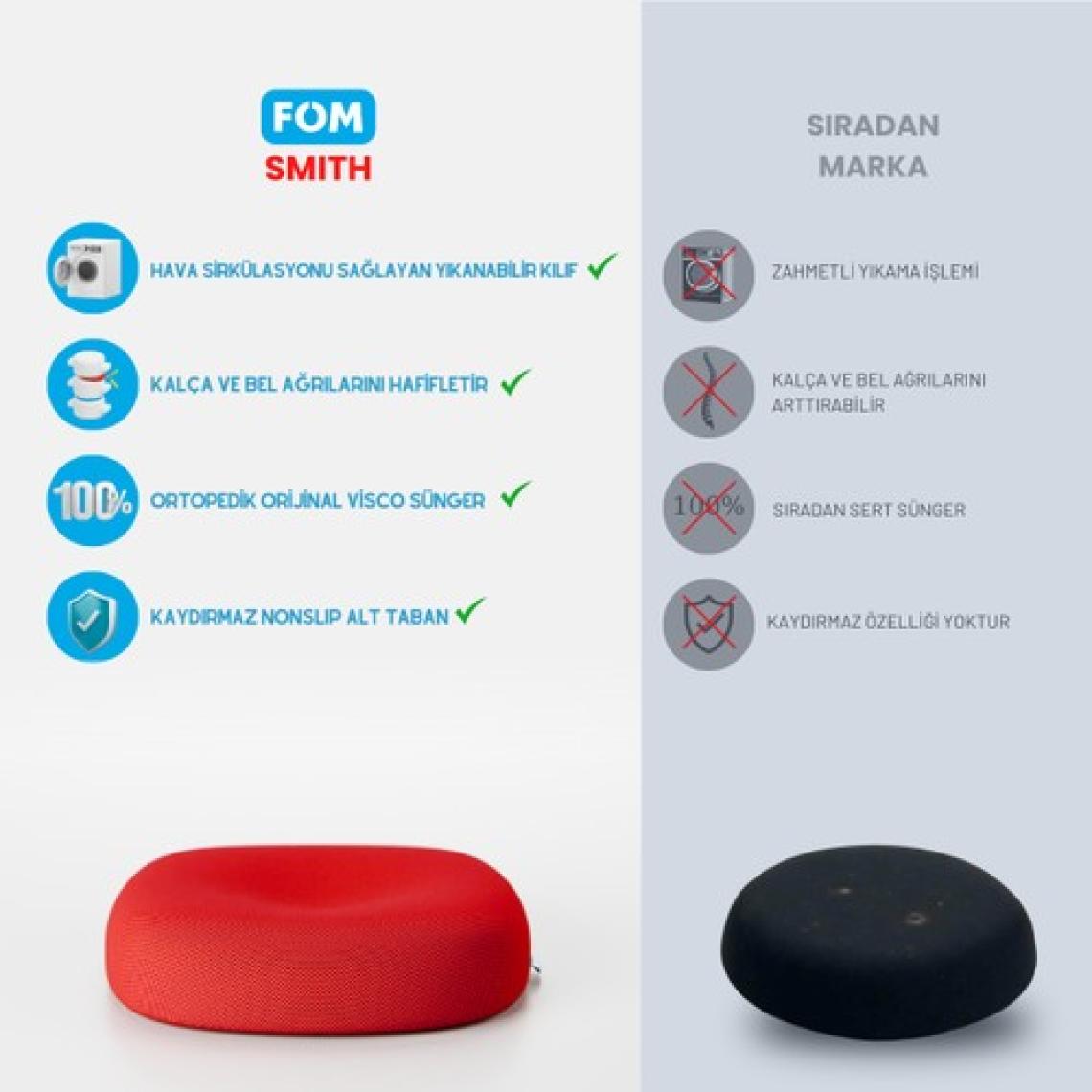 Fom Smith Visco Konforlu ve Rahatlatıcı Oturma Simidi Yastık, Ortopedik, 45 x 44 x 8, Kırmızı