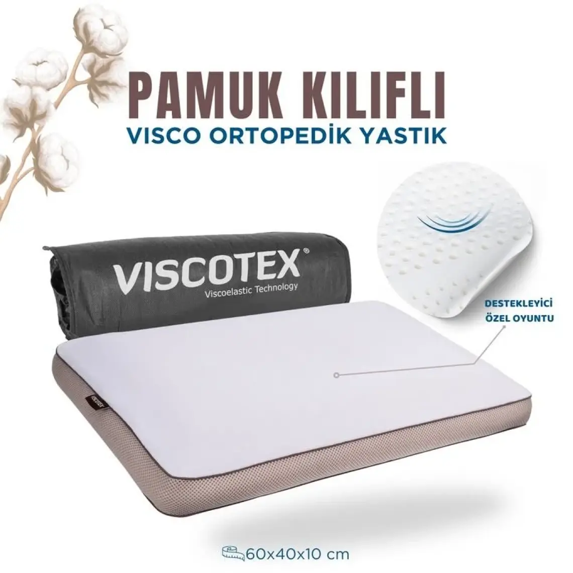 Viscotex Pamuk Kılıflı Small Visco Ortopedik Yastık, Kahverengi, 60X40X10 cm
