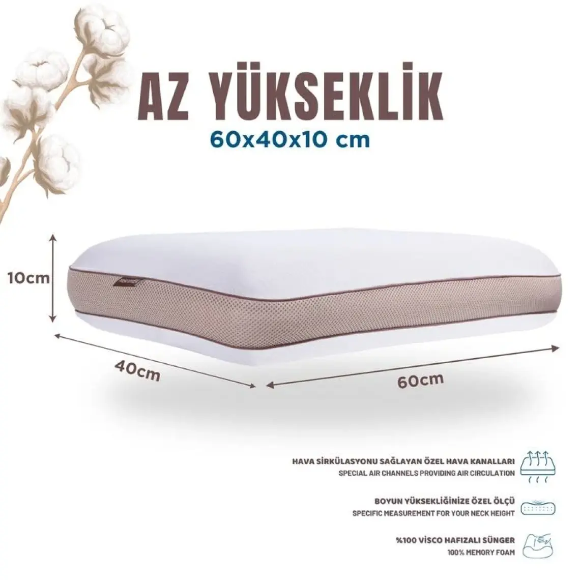 Viscotex Pamuk Kılıflı Small Visco Ortopedik Yastık, Kahverengi, 60X40X10 cm