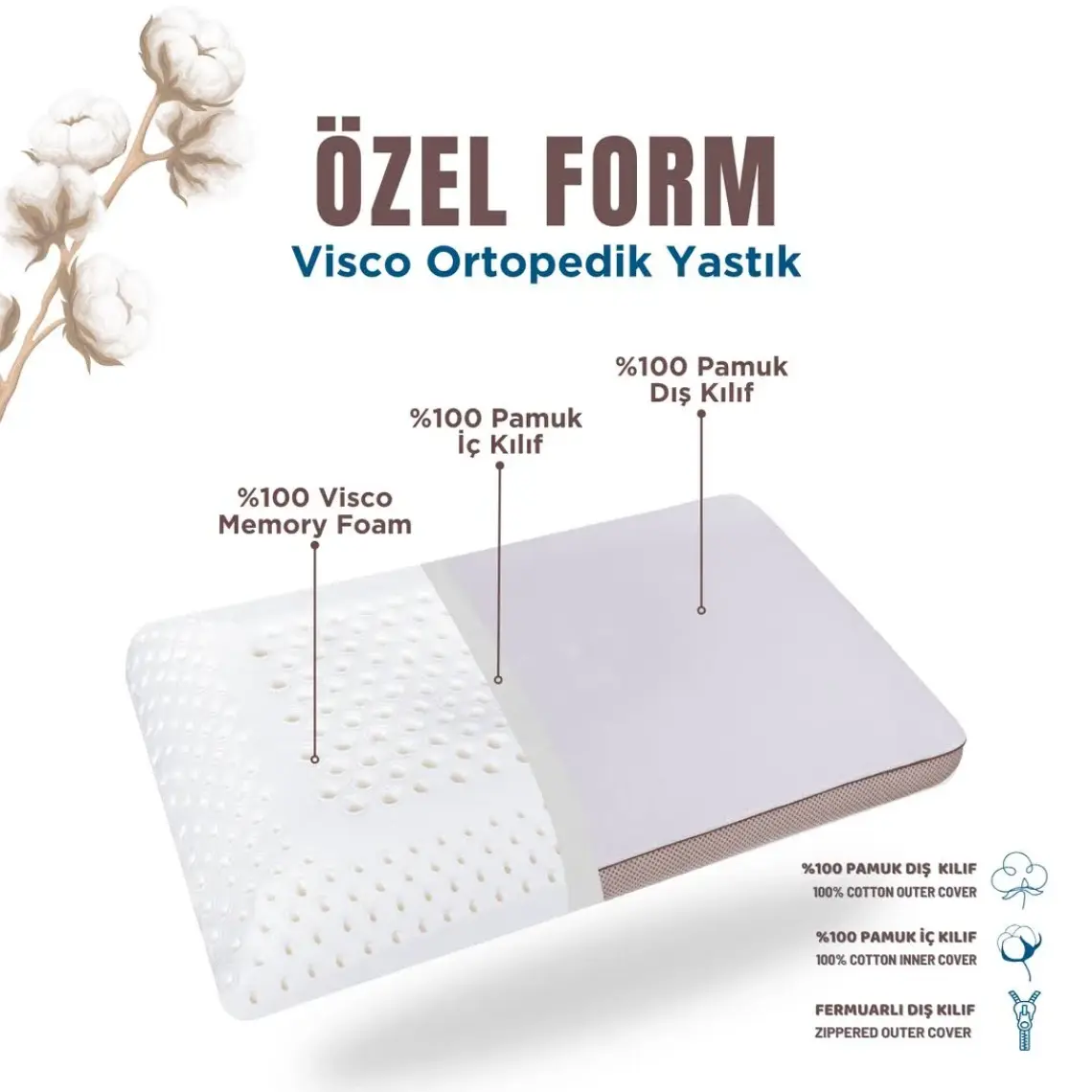 Viscotex Pamuk Kılıflı Small Visco Ortopedik Yastık, Kahverengi, 60X40X10 cm