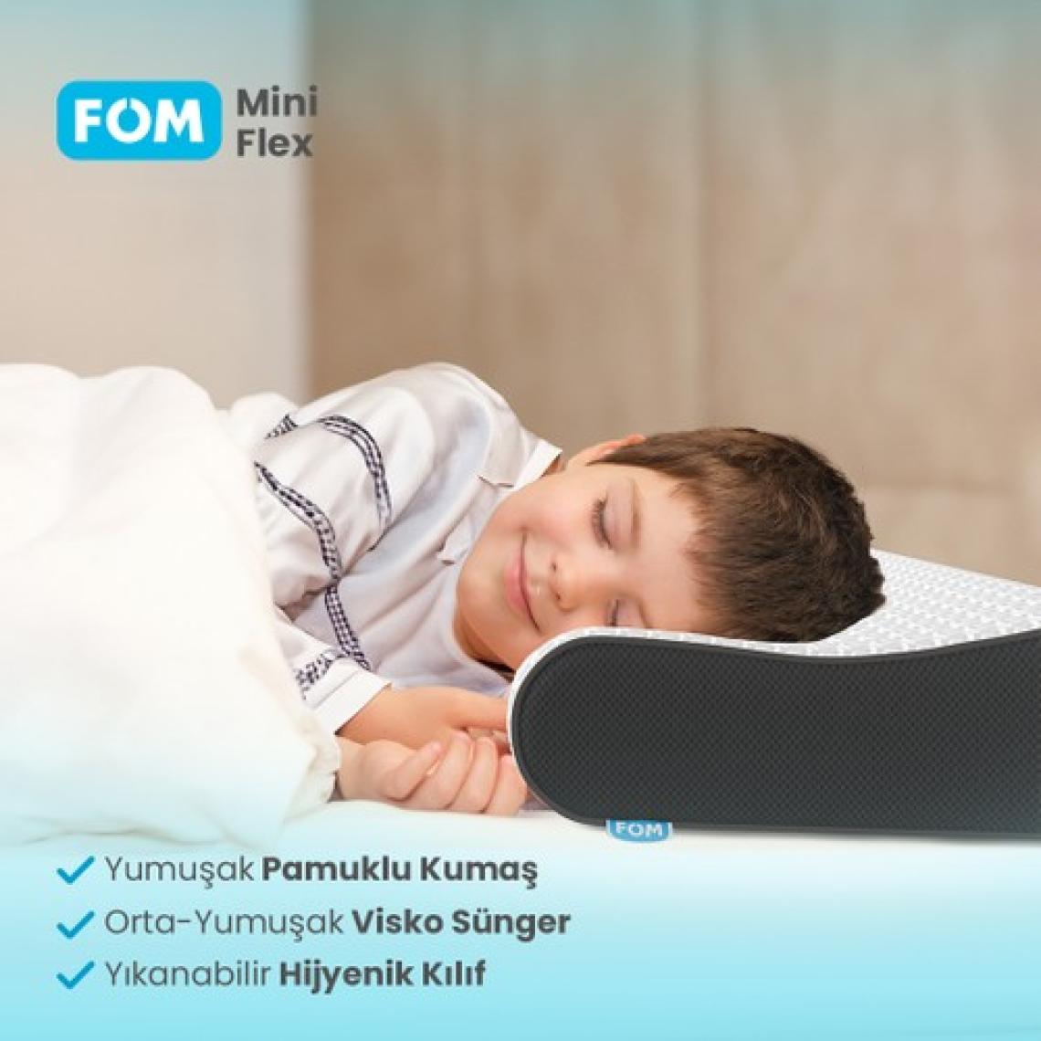 FOM Mini Flex Visco Çocuk Ve Seyahat Uyku Yastık, Ortopedik, 50 X 30 X 11/9, Siyah