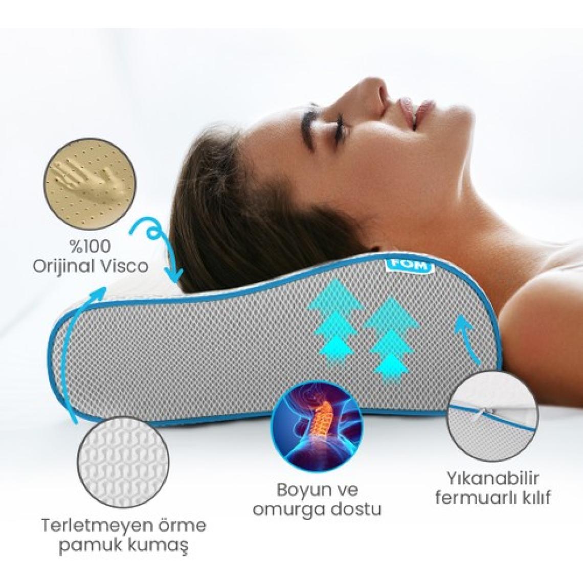 FOM 2'li Flex Tam Ortopedik Visco Konforlu Uyku Yastık Kampanyası, Ortopedik, 60 X 40 X 14/11, Beyaz