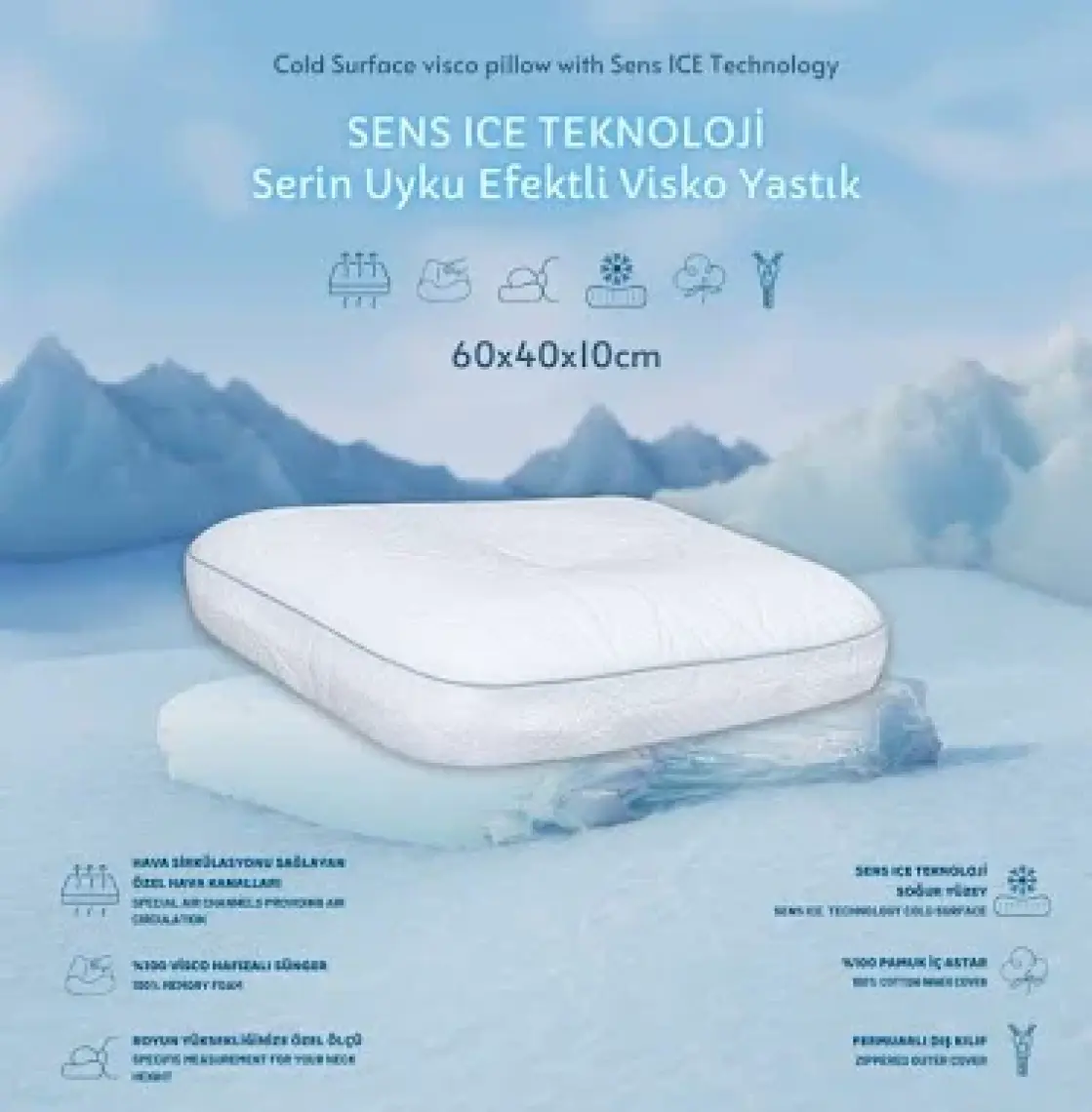 Viscotex Sens Ice Teknoloji Serin Uyku Efektli Visco Yastık Small 60X40X10 cm