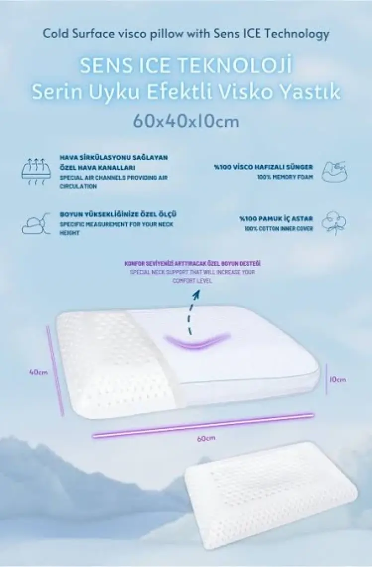 Viscotex Sens Ice Teknoloji Serin Uyku Efektli Visco Yastık Small 60X40X10 cm