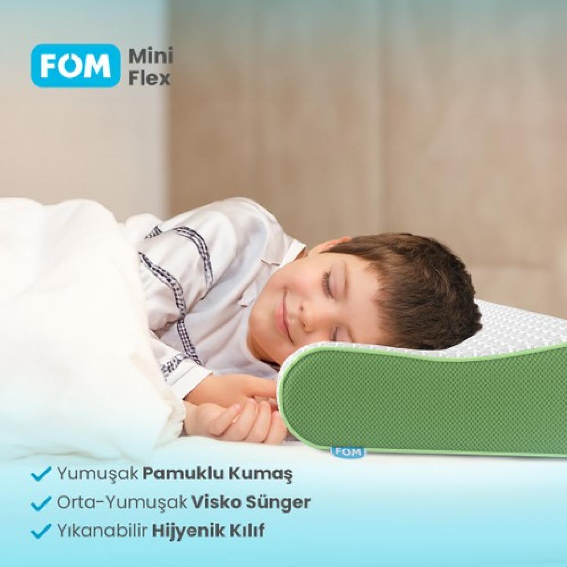 FOM Mini Flex Visco Çocuk Ve Seyahat Uyku Yastık, Ortopedik, 50 X 30 X 11/9, Yeşil