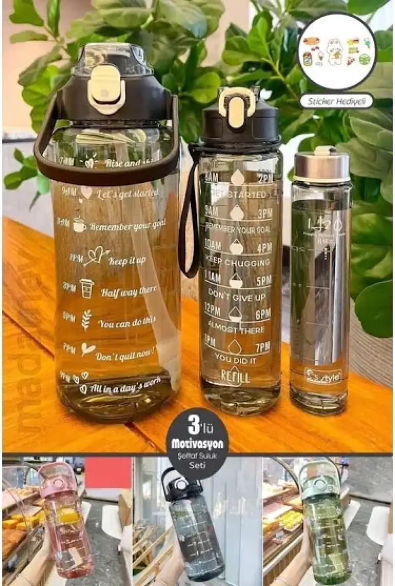 madamev 3lü Motivasyonel Su Matarası Kokusuz Figürlü Suluk Sporcu Matara Pipetli Soft Black Su Şişesi Seti