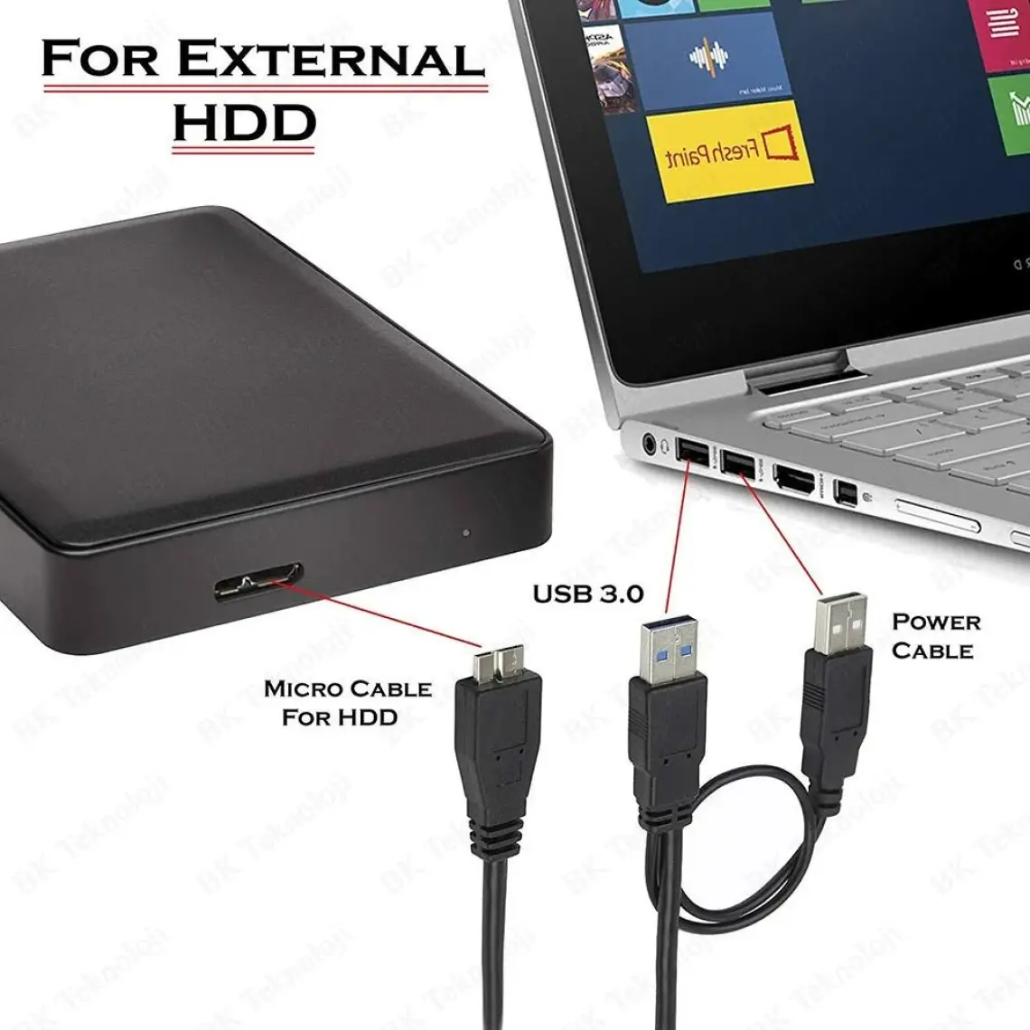 BK Teknoloji USB 3.0 Micro-B Harddisk Bağlantı Y Kablosu - 1.5 Metre