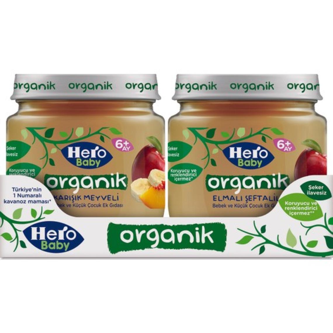 Hero Baby Organik Karışık Meyveli ve Organik Elma Şeftalili Kavanoz Mama 6'lı Karma Paket