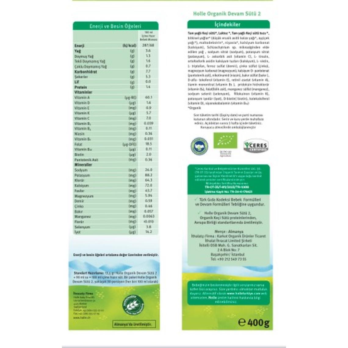 Holle Organik 2 Keçi Bebek Devam Sütü Formulü 400 gr