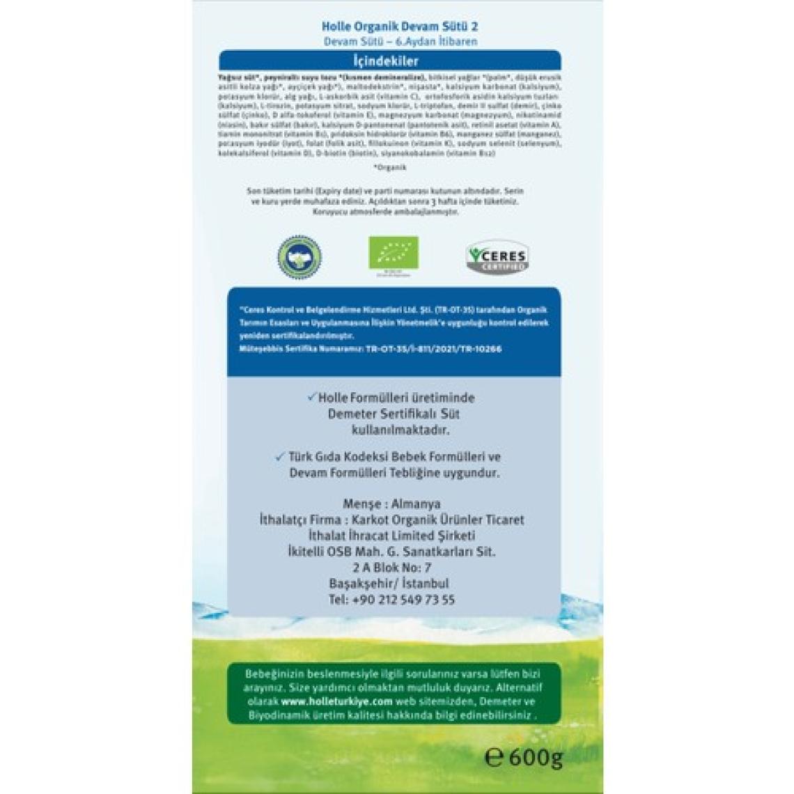 Holle Organik 2 Devam Sütü  600 gr 8 Adet