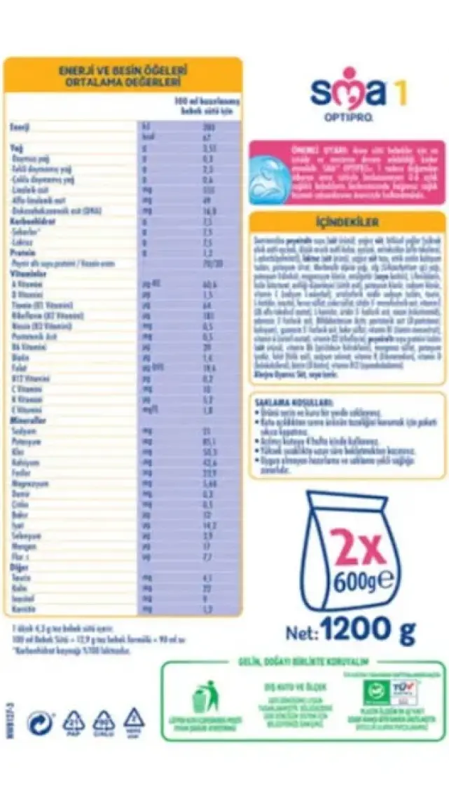 SMA Optipro 1 1200 gr (2X600g) / 0-6 Ay Bebek Sütü
