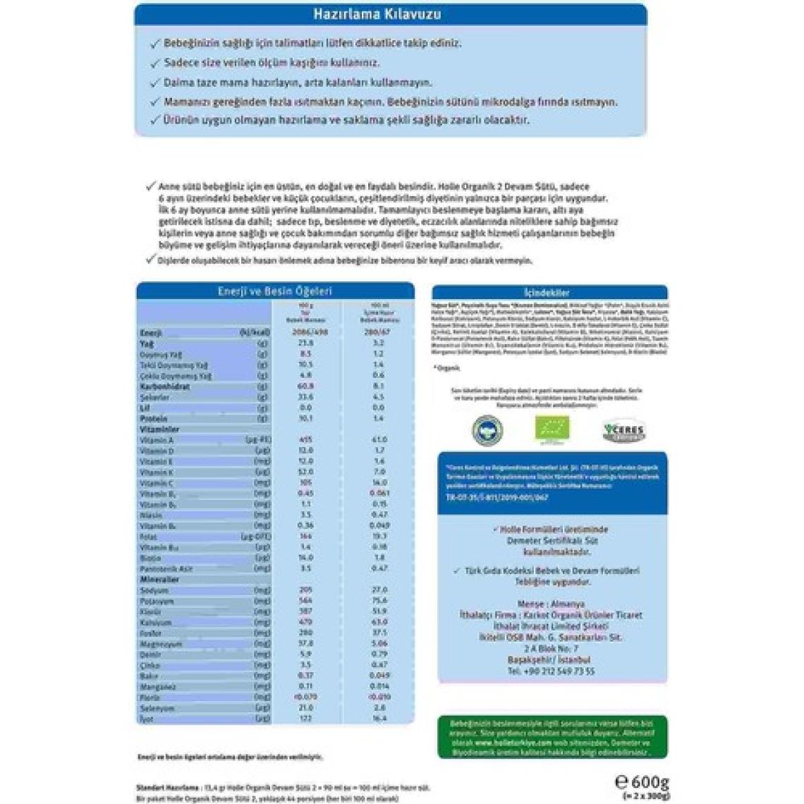 Holle Organik 2 Bebek Devam Sütü Formülü 600 gr