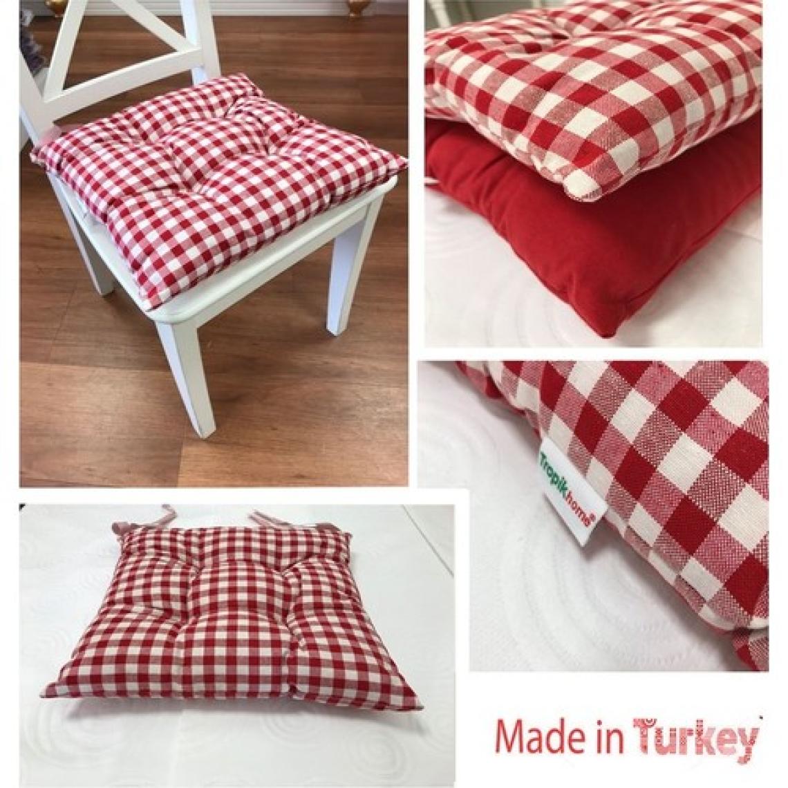 Tropik Home Ekose Desen Kırmızı Renk Pufidik Silikon Dolgulu Çökme Yapmaz 40 x 40 cm Kare Sandalye Minderi