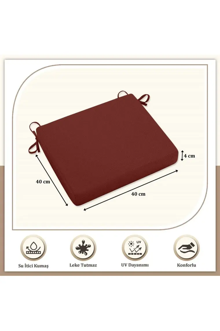 Canvas Tekli  Bordo Sıvı Geçirmez Leke Tutmaz Fermuarlı Bağcıklı Sandalye Minderi 40 x 40 cm