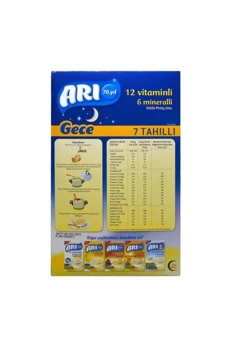 Arı 12 Vitaminlı 6 Mineralli Gece 7 Tahıllı Pirinç Unu Bebek Maması 500 gr