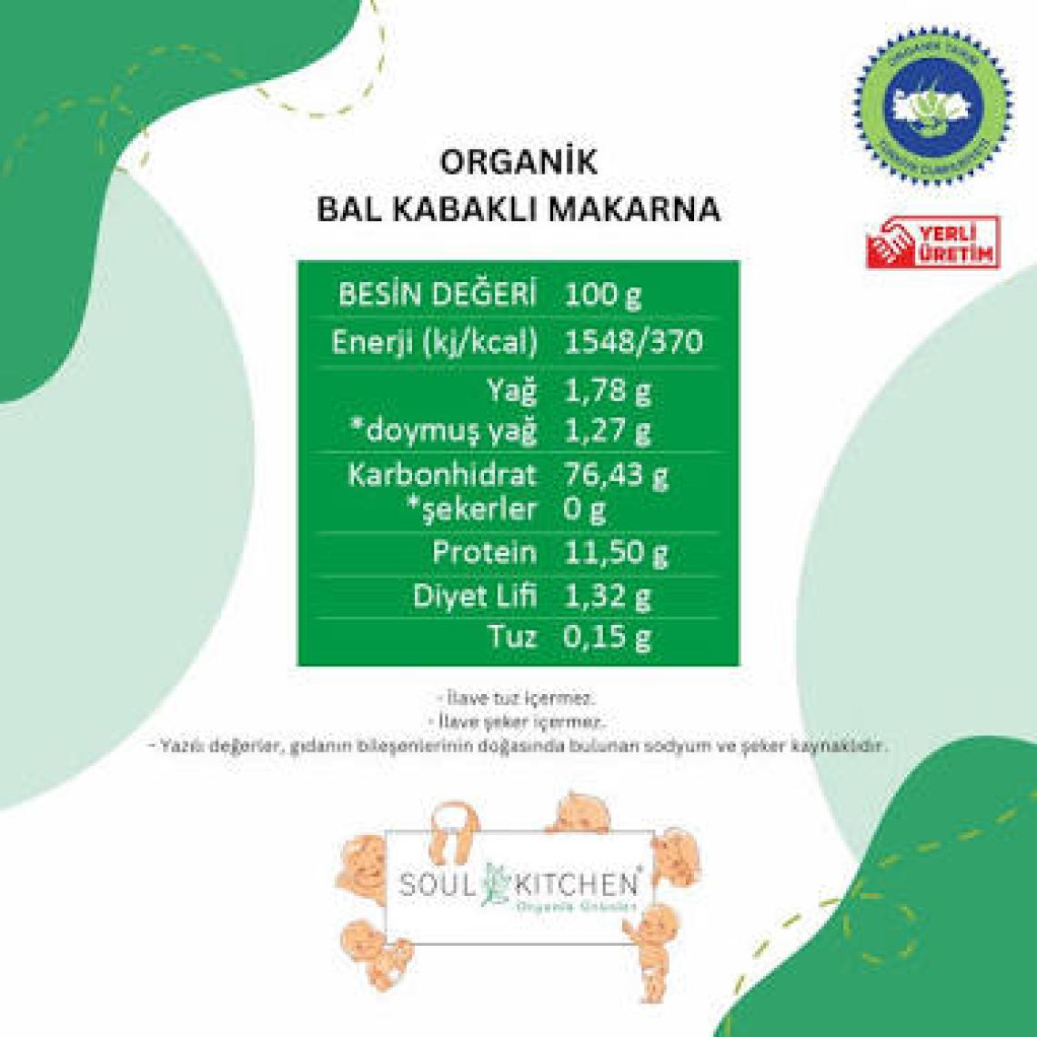 Soul Kitchen Organik Bal Kabaklı Makarna 330 gr (Vegan) (İlave Tuzsuz)