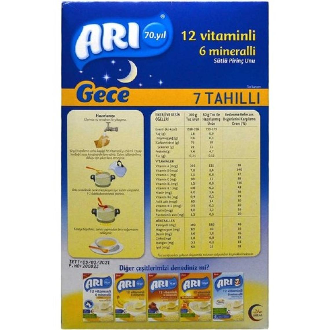Arı Mama Gece 12 Vitaminli 6 Mineralli Sütlü 7 Tahıllı Pirinç Unu 500 gr