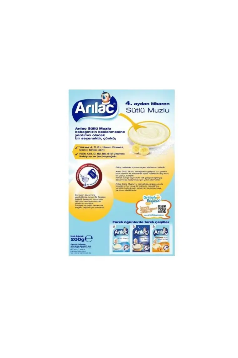 Arılac Sütlü Muzlu Bebek ve Küçük Çocuk Ek Gıdası 200 gr x 4 Adet