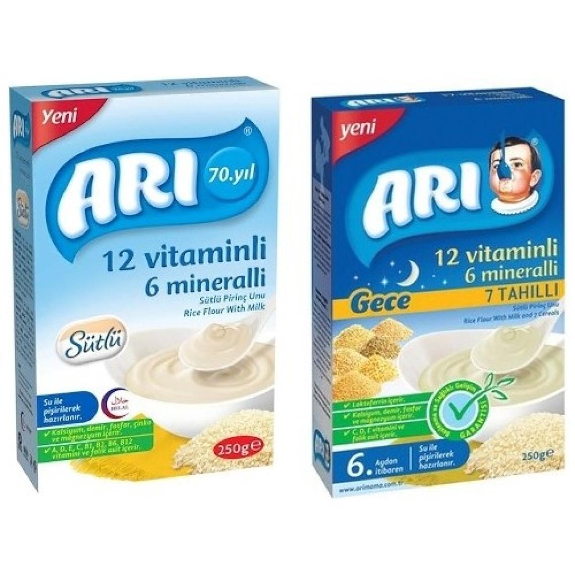 Arı Mama 12 Vitaminli 6 Mineralli Sütlü 7 Tahıllı Pirinçli Gece +Sütlü Pirinçli  250 gr