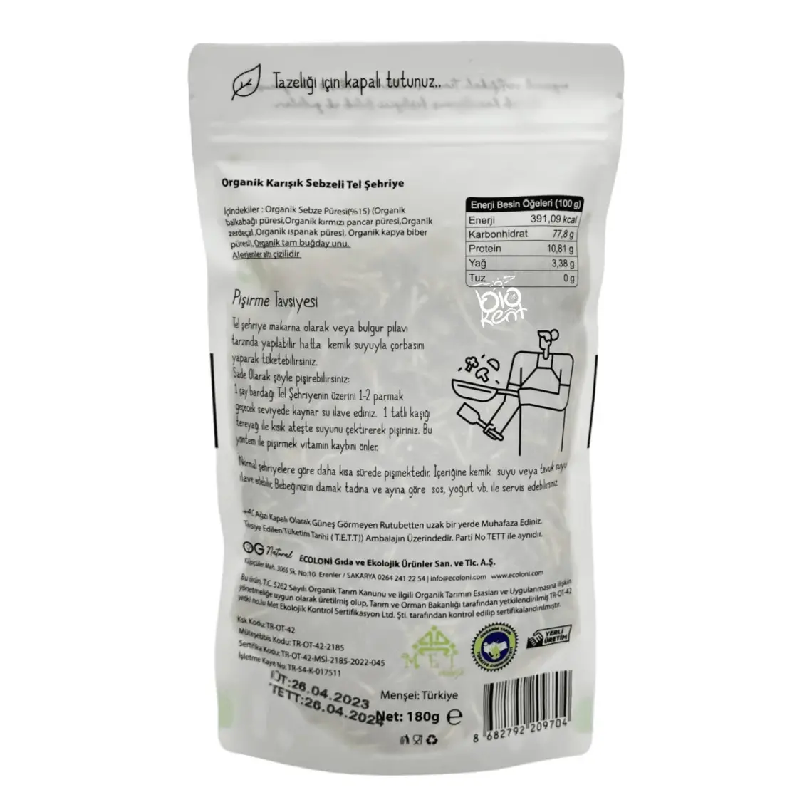 Organik Karışık Sebzeli Tam Buğday Tel Şehriye 180 Gr +8 Ay