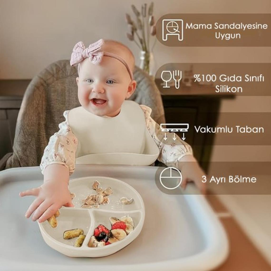 Meleni Baby 5'li Set Silikon Mama Önlüğü Kulplu Bardak Vakumlu Tabak Mama Kaşığı ve Kule Aktivite Oyuncağı Krem