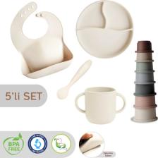 Meleni Baby 5'li Set Silikon Mama Önlüğü Kulplu Bardak Vakumlu Tabak Mama Kaşığı ve Kule Aktivite Oyuncağı Krem