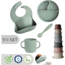 Meleni Baby 5'li Set Silikon Mama Önlüğü Kulplu Bardak Vakumlu Tabak Mama Kaşığı ve Kule Aktivite Oyuncağı Yeşil