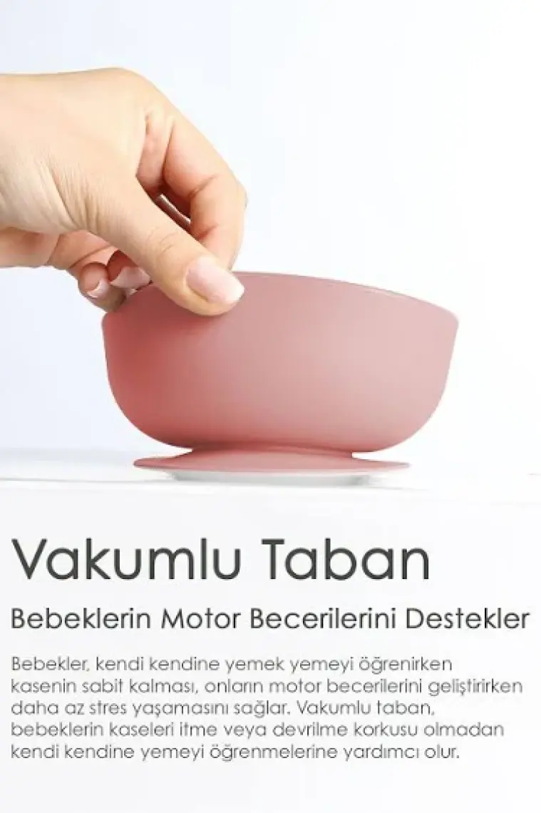 Meleni Baby 2'li Bebek Beslenme Seti - Vakumlu Silikon Kapaklı Mama Kasesi - Diş Kaşıyıcı Mama Kaşığı - Pembe