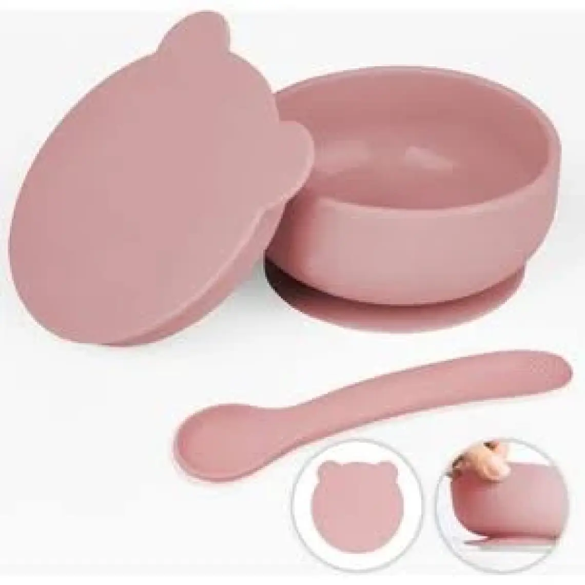 Meleni Baby 2'li Bebek Beslenme Seti - Vakumlu Silikon Kapaklı Mama Kasesi - Diş Kaşıyıcı Mama Kaşığı - Pembe