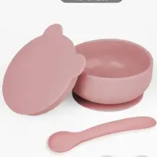 Meleni Baby 2'li Bebek Beslenme Seti - Vakumlu Silikon Kapaklı Mama Kasesi - Diş Kaşıyıcı Mama Kaşığı - Pembe