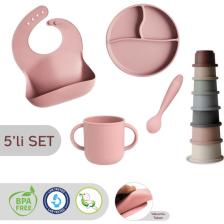 Meleni Baby 5'li Set Silikon Mama Önlüğü Kulplu Bardak Vakumlu Tabak Mama Kaşığı ve Kule Aktivite Oyuncağı Pembe