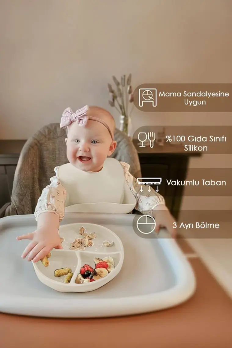 Meleni Baby 3'lü Silikon Beslenme Seti - Silikon Mama Önlüğü Diş Kaşıyıcılı Kaşık Vakum Tabanlı Tabak