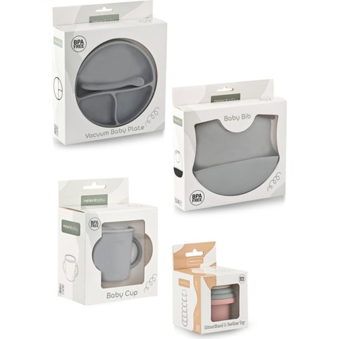 Meleni Baby 5'li Set - Silikon Mama Önlüğü Kulplu Bardak Vakumlu Tabak Mama Kaşığı ve Kule Aktivite Oyuncağı Gri