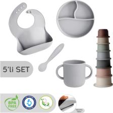 Meleni Baby 5'li Set - Silikon Mama Önlüğü Kulplu Bardak Vakumlu Tabak Mama Kaşığı ve Kule Aktivite Oyuncağı Gri